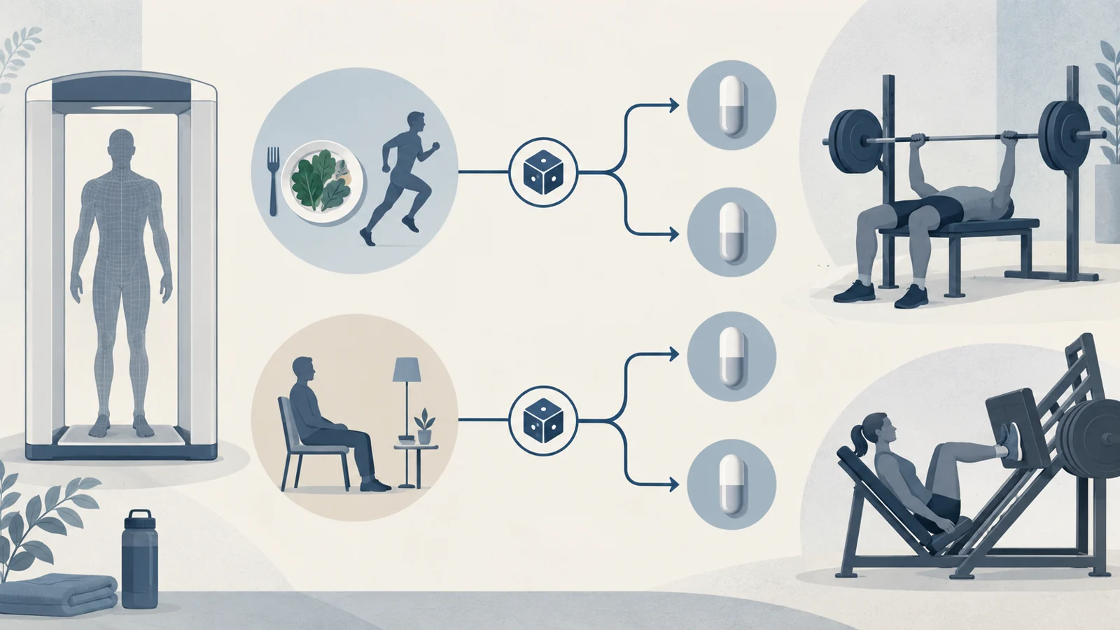 Diagram showing two participant-selected paths branching into blinded creatine or placebo groups beside body-composition scanning and strength testing.
