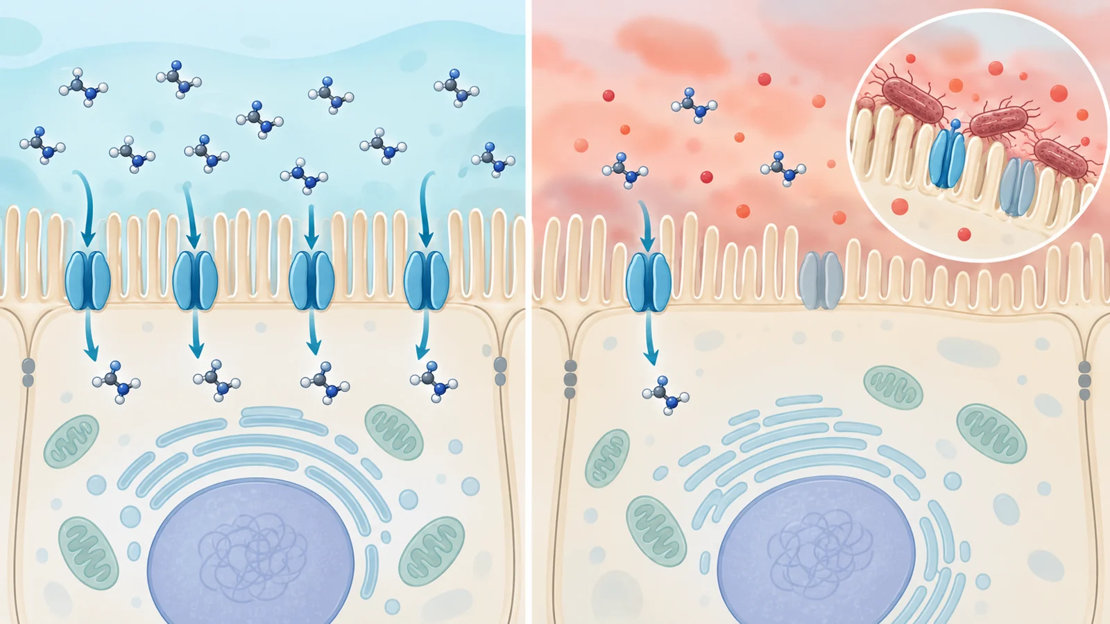 How inflammation and an invasive E. coli strain affect creatine entry in the gut lining