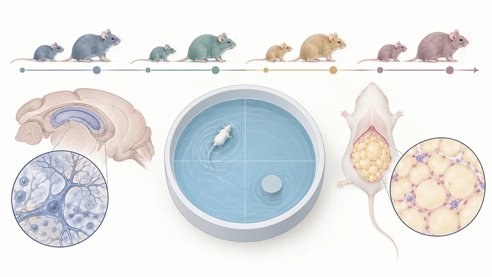 Illustration of a mouse treatment timeline with a water maze, hippocampus, and visceral fat measurements shown as parallel study outcomes