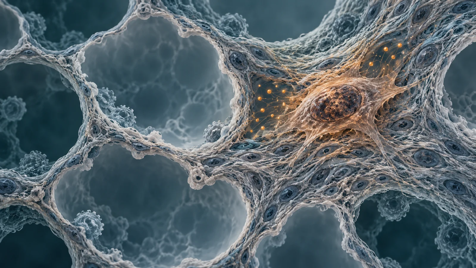 Conceptual view of a senescent lung cell amid scarred alveolar tissue and surrounding inflammatory signals