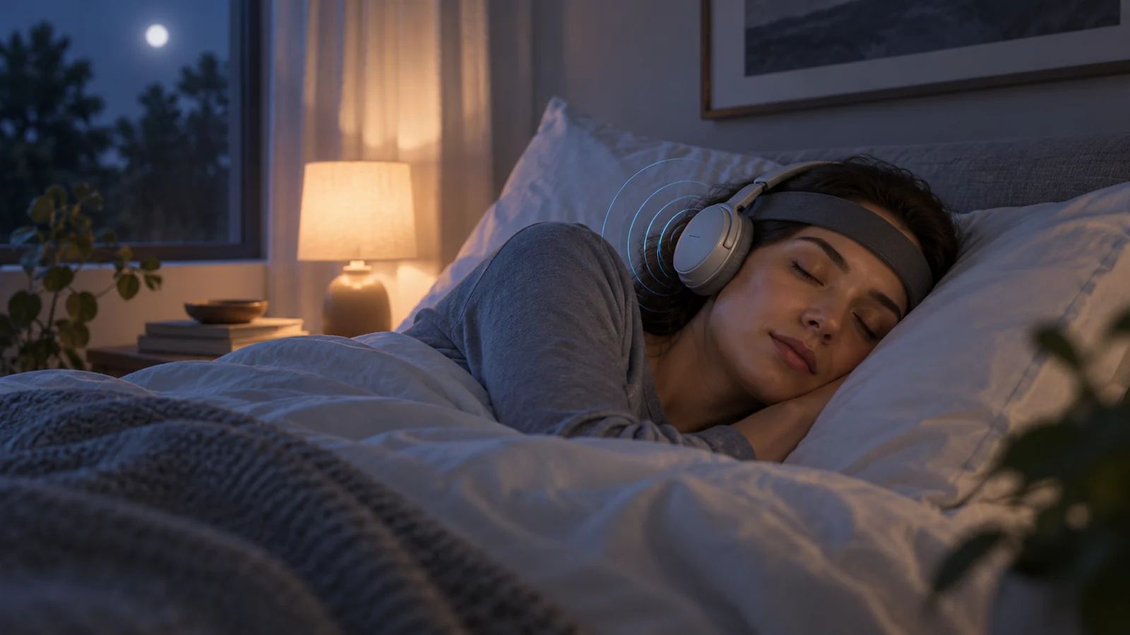 Sleeping participant wearing a generic sensor headband and headphones with subtle sound waves nearby