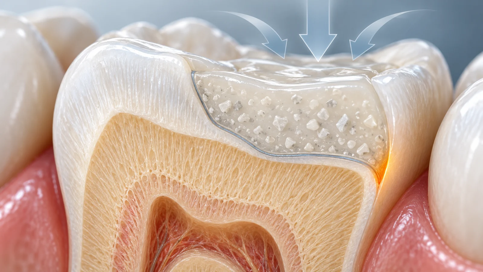 Cutaway of a tooth-colored filling with particles embedded in resin and a distinct border where the filling meets the tooth.