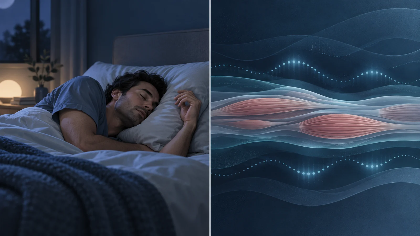 Sleeping person making a dream-related movement beside a separate schematic of REM muscle activity