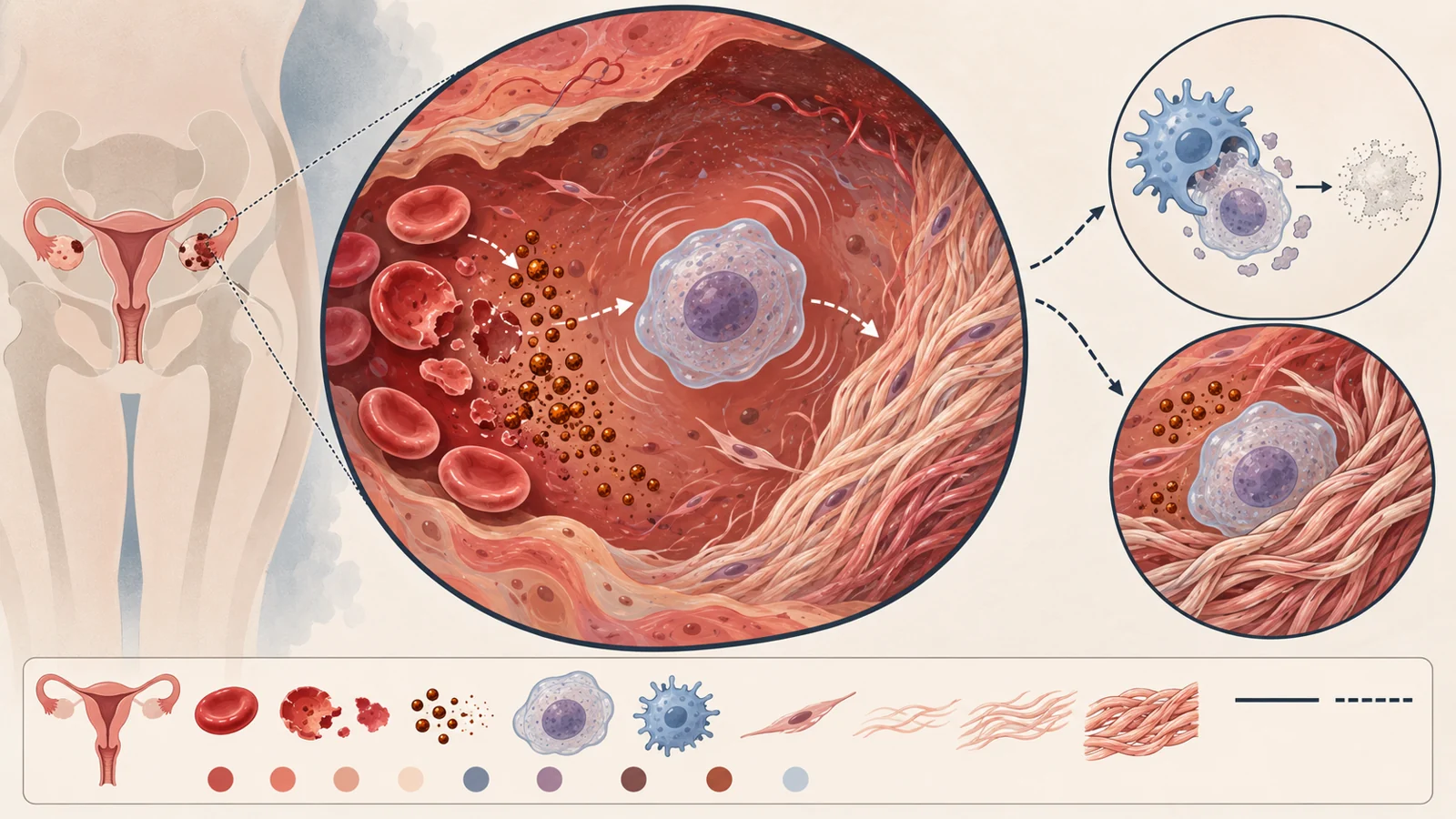 How local iron and active non-dividing cells may link endometriosis to scarring