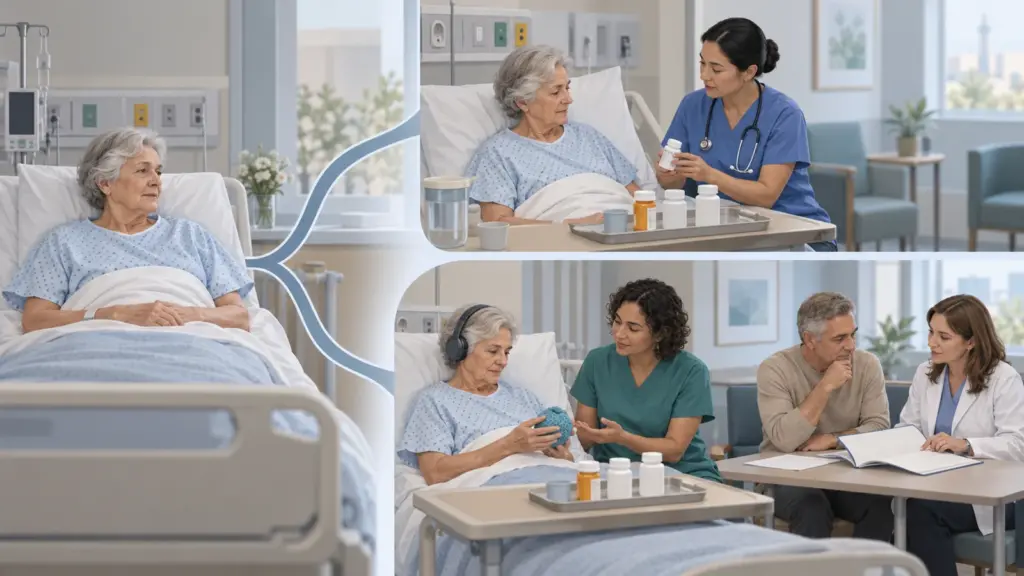 Older hospital patient with a caregiver and staff member beside two care pathways, one adding tailored sensory activities and education to medication management
