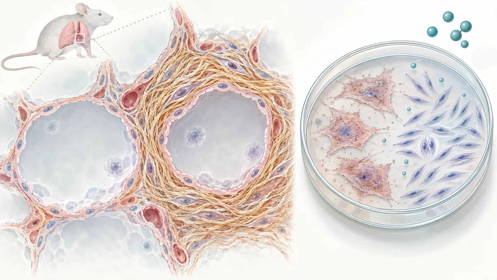 Schematic lung air sac with collagen scarring beside senescent and proliferating fibroblasts in an experimental F-4N assay