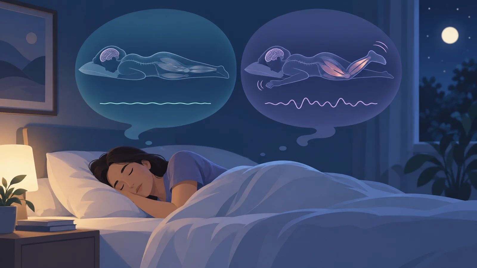 Sleeping person beside a conceptual comparison of relaxed and persistent REM muscle activity with movement