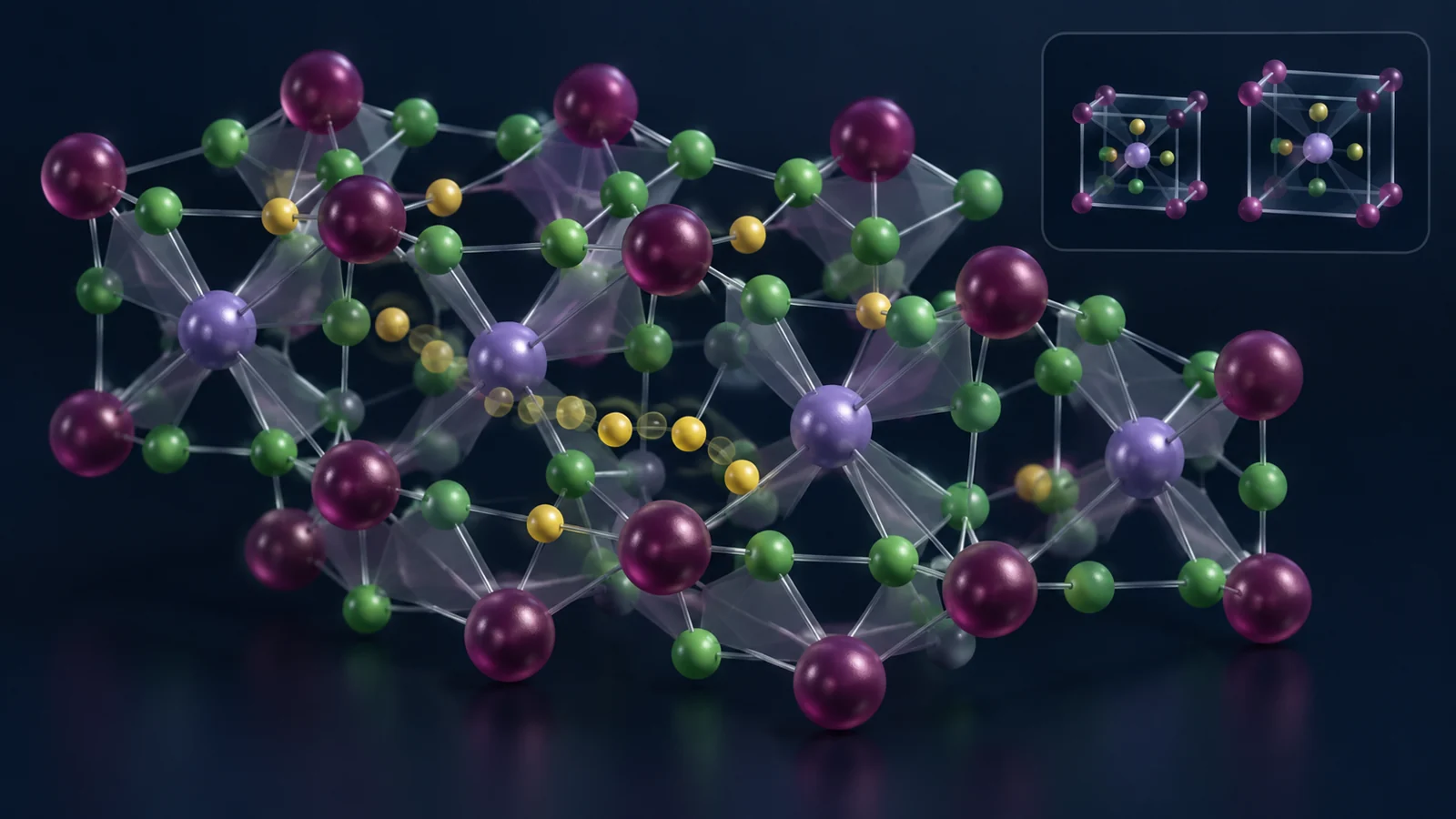 Conceptual crystal view of lithium ions moving through distinct chloride and bromide sites, with a fixed cell beside a slightly expanded cell.