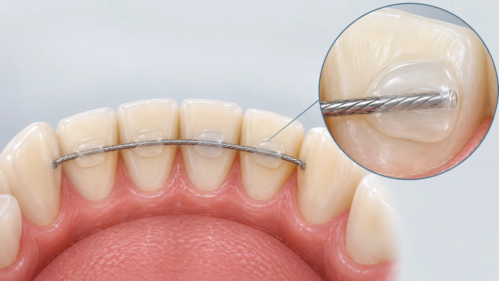A wire behind the teeth is attached by resin pads, with one pad enlarged between the tooth and wire.