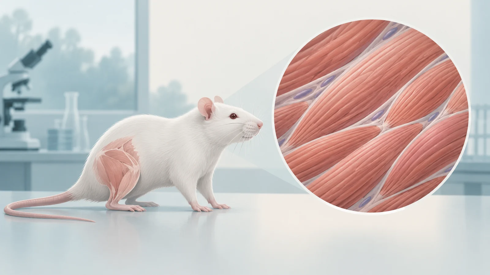A neutral rat silhouette beside a magnified view of muscle fibers.