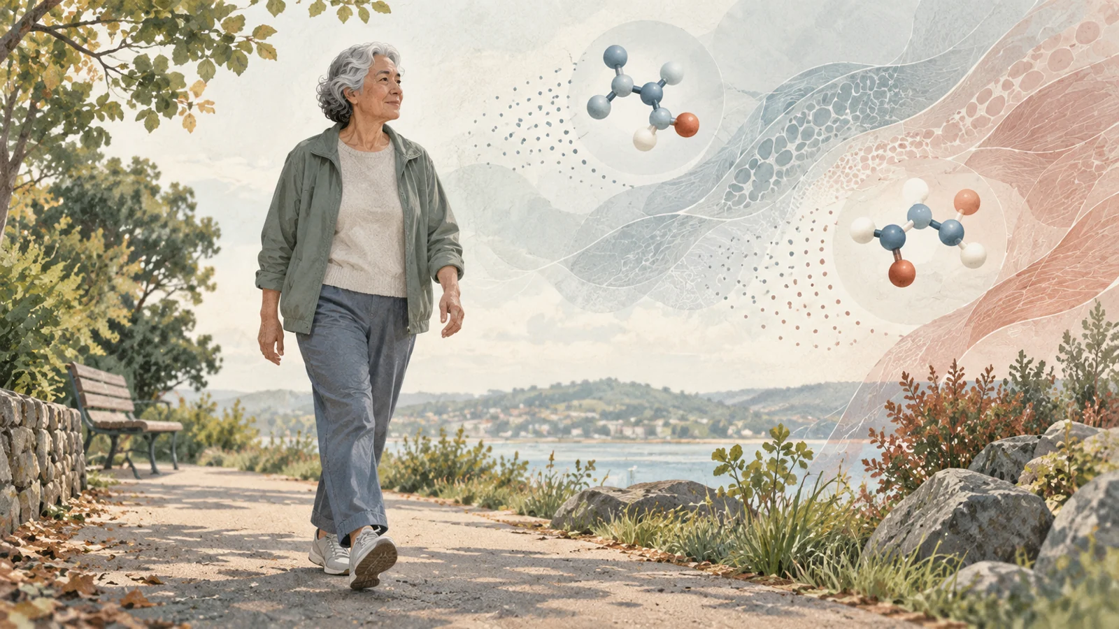 An older adult walking beside an abstract symbol for tissue creatine measurement.