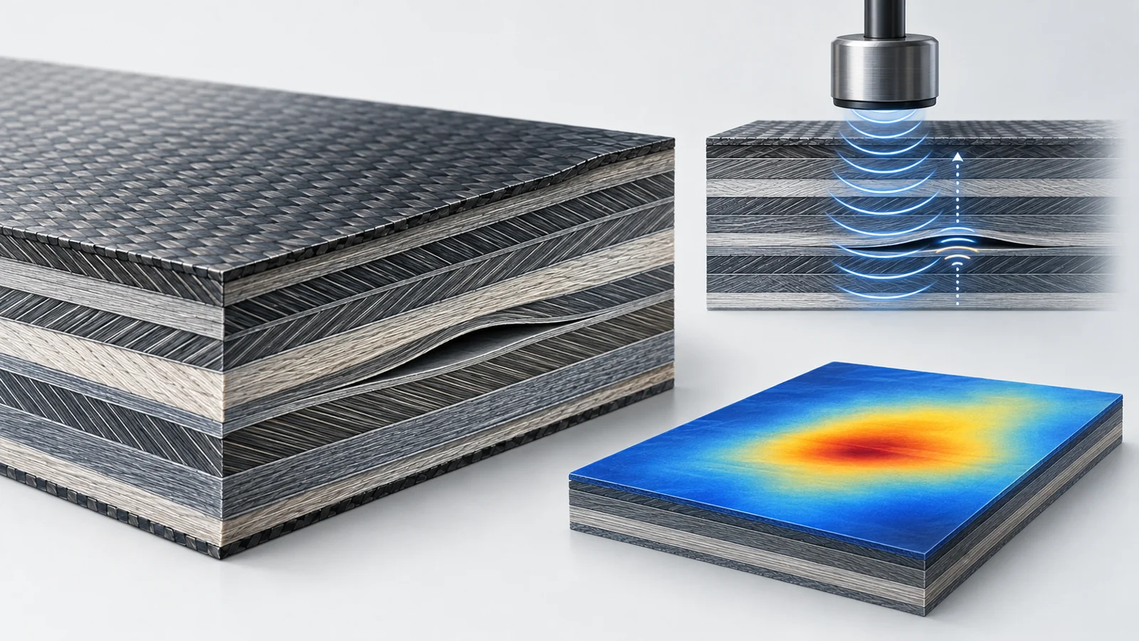 Cutaway of a fibre-reinforced panel showing a separation between layers beside illustrative ultrasound and thermal views.