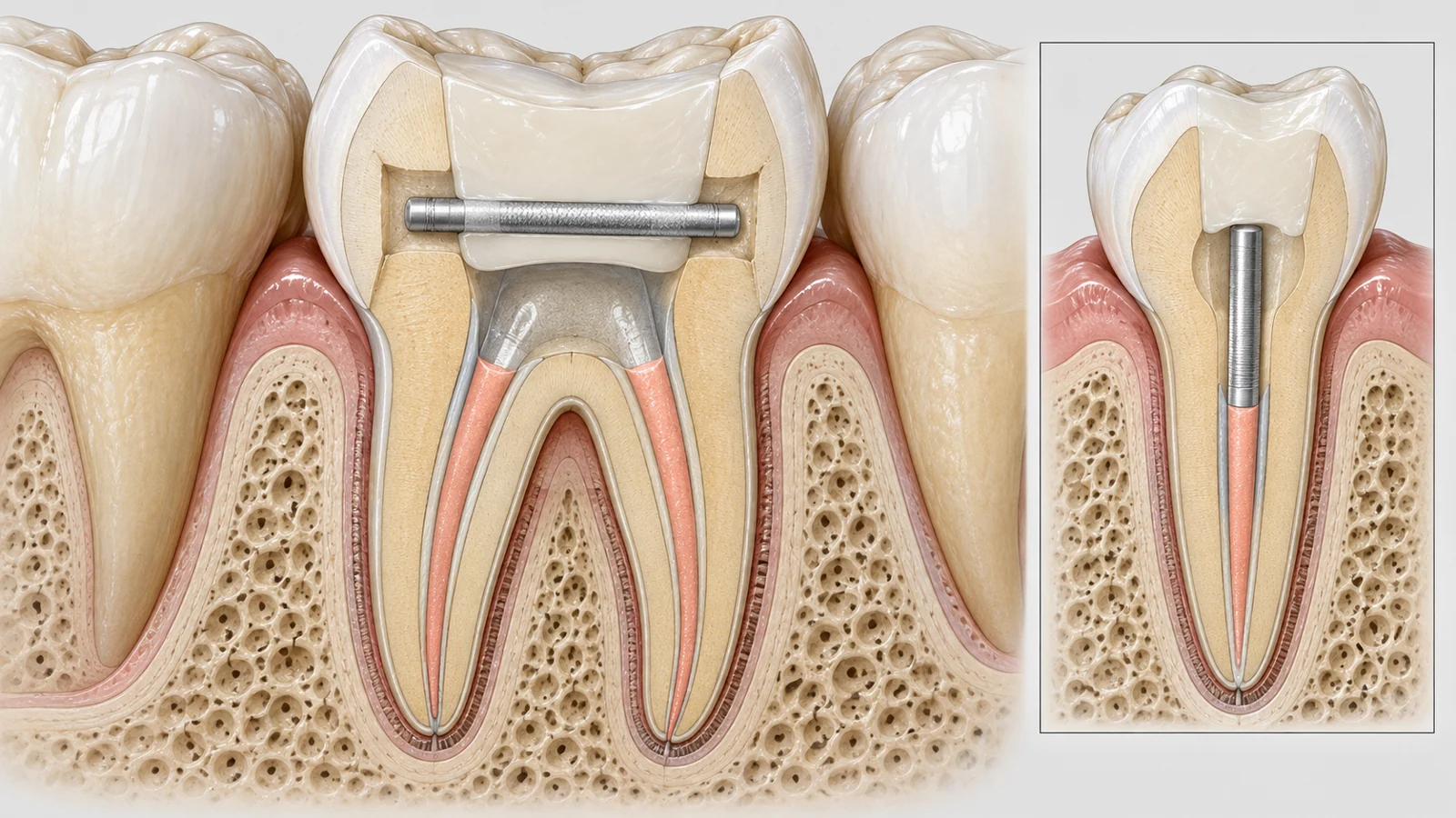 Cutaway of a root-treated premolar with a horizontal post crossing its side walls beneath a composite filling.