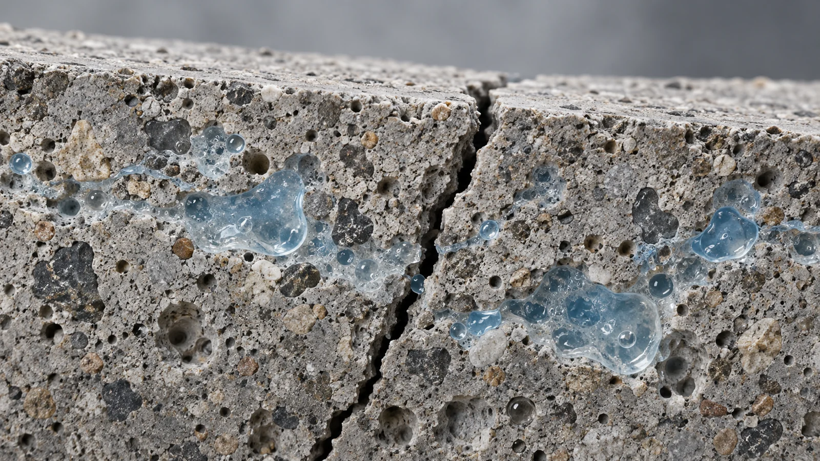 Conceptual cutaway of gray cement with an open crack and translucent blue hydrogel regions embedded around it.