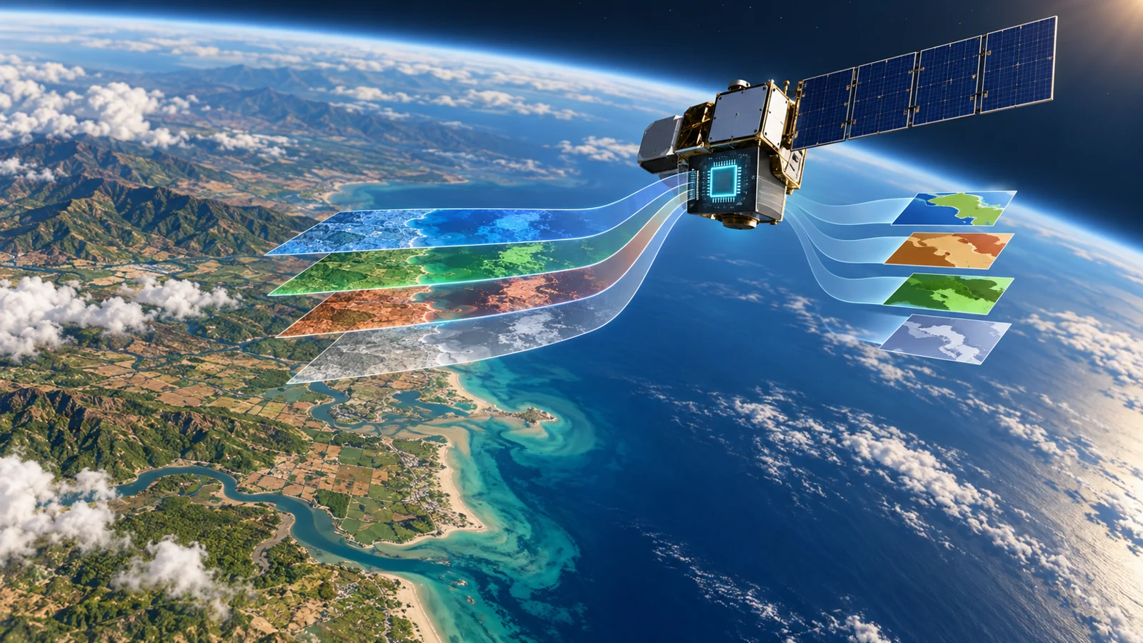 Conceptual satellite view of a coastline with spectral bands entering an onboard processor that classifies sea, cloud and land.