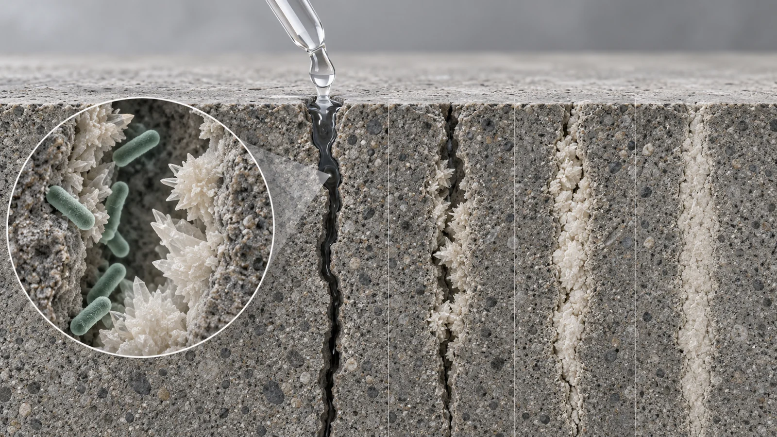 Illustrated mortar crack receiving bacteria as calcium carbonate crystals form along its walls