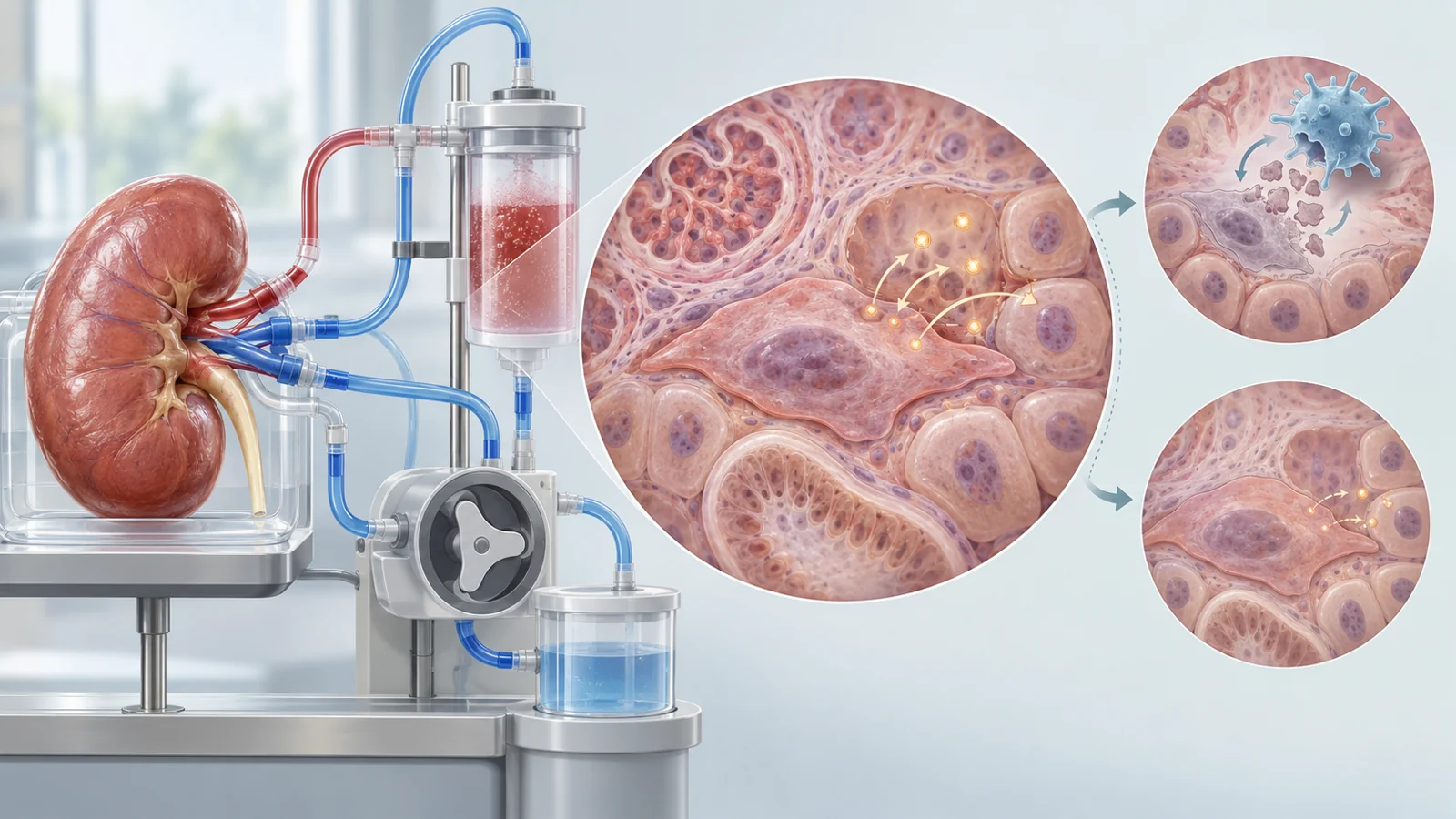 Illustrated kidney connected to an external perfusion circuit beside a senescent cell releasing signals toward neighboring cells