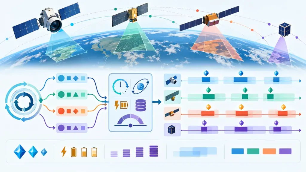 Schematic showing different satellites receiving observation tasks across overlapping time windows
