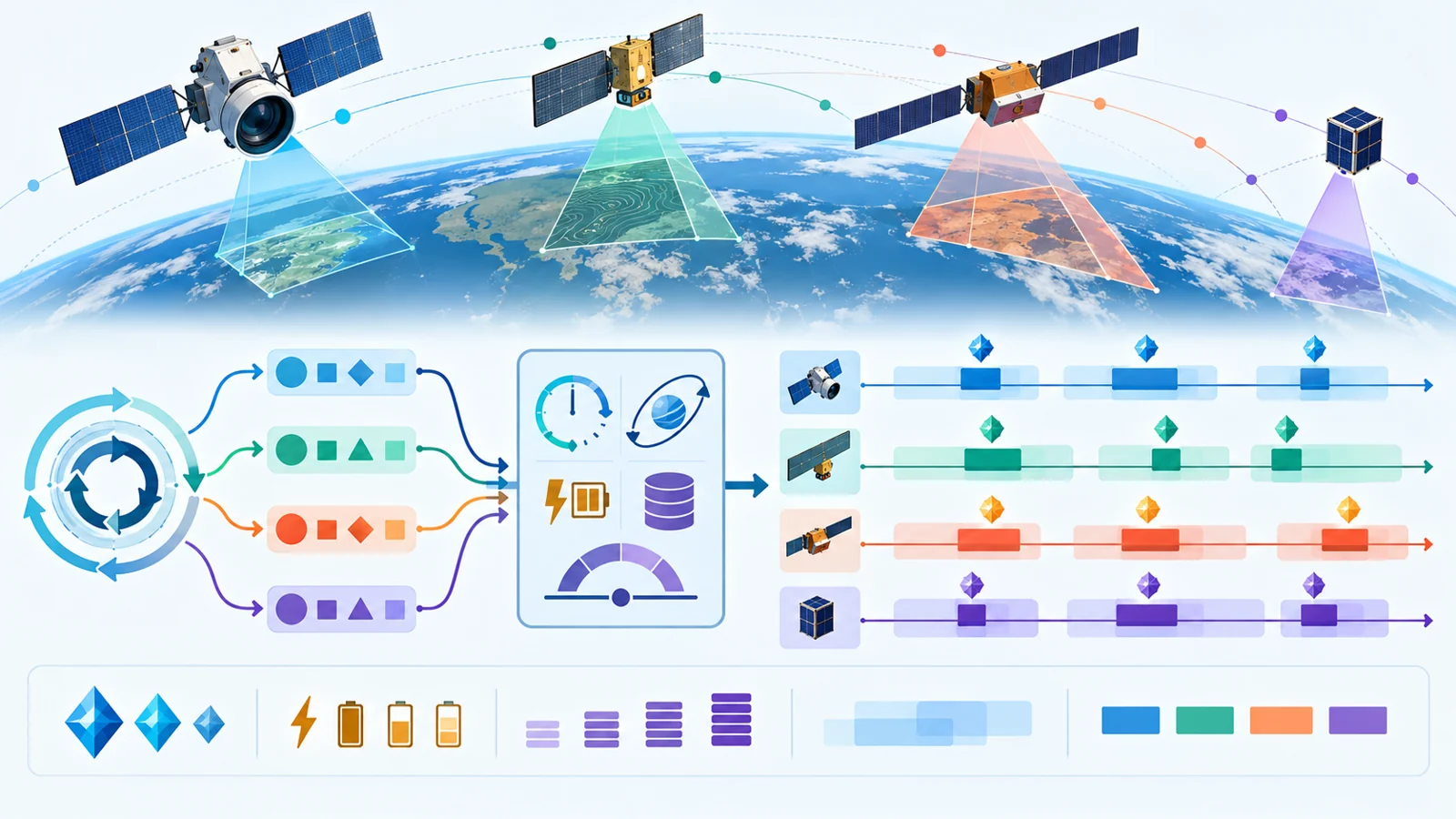 Schematic showing different satellites receiving observation tasks across overlapping time windows