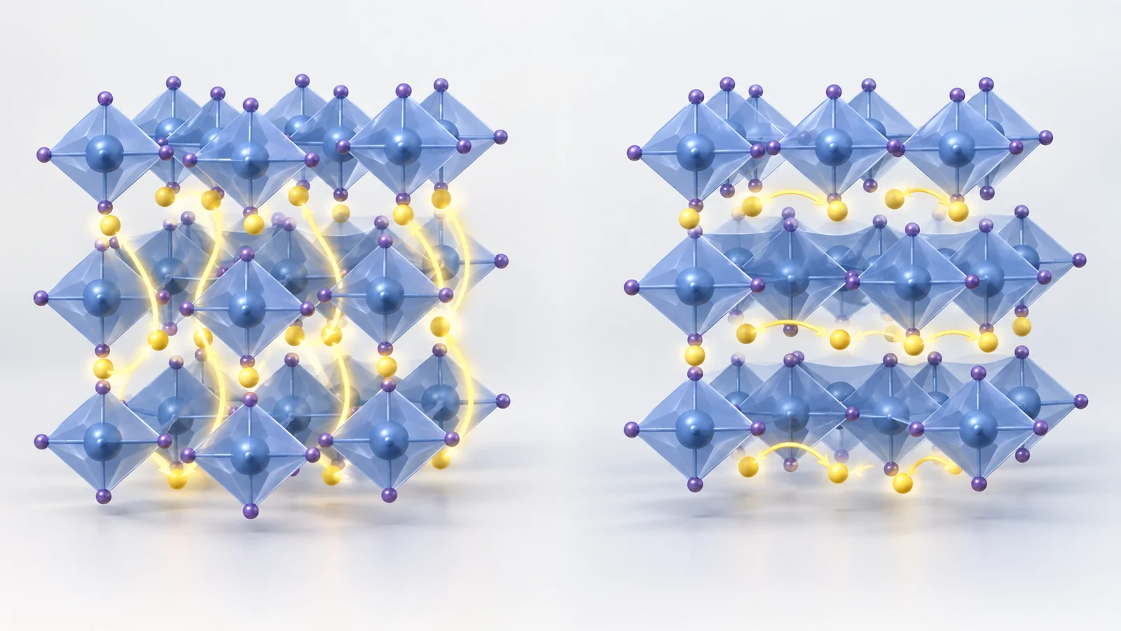 Schematic layered Li2ZrCl6 structures showing coordinated lithium hopping across layers in alpha and individual hopping within a layer in beta.