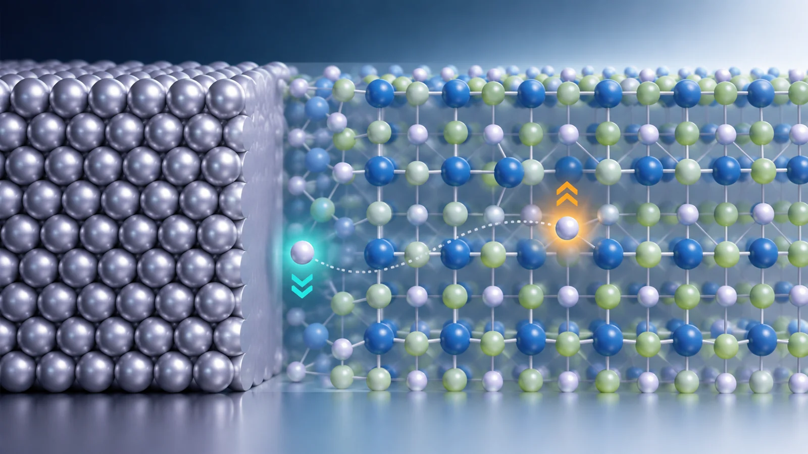 Conceptual cross-section of lithium metal beside layered Li3OCl, with extra lithium shown near the contact and deeper electrolyte layers.