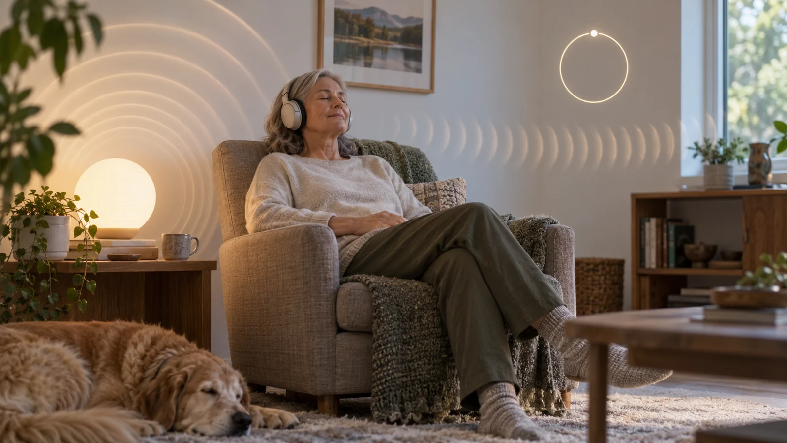 Older adult using a generic light-and-sound setup at home with a rhythmic visual motif