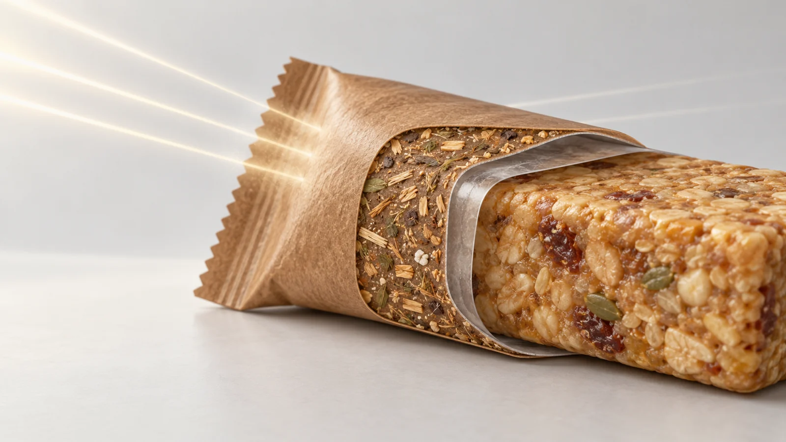 Cross-section of a food wrapper with a brown lignin-containing composite layer and faint light rays at its surface.