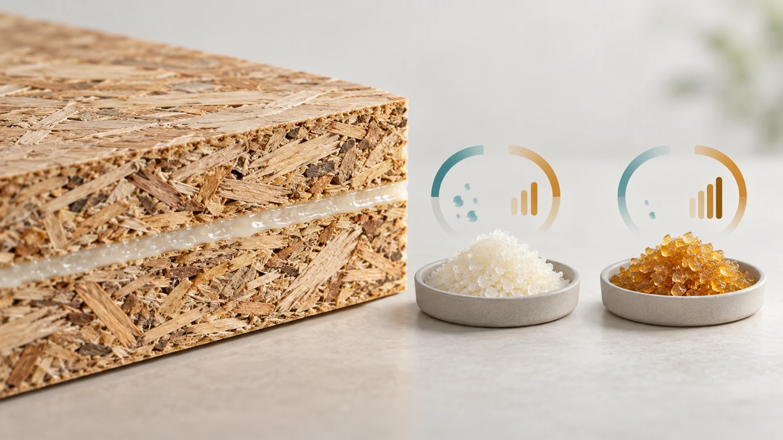 Cutaway wood panel showing its adhesive bond line beside two lignin formulation samples.