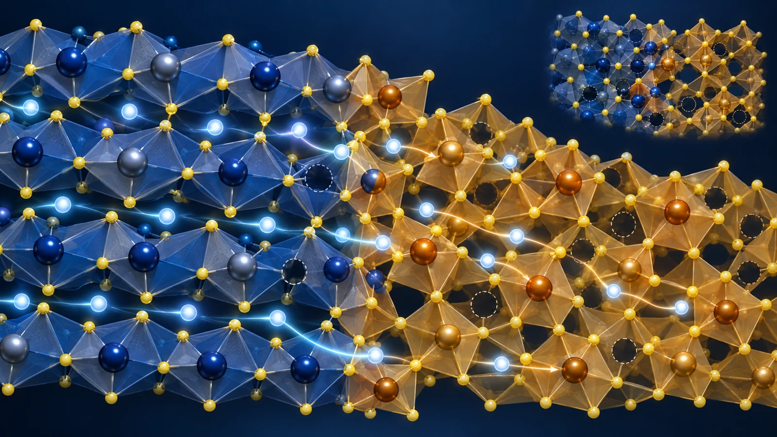Schematic LMS electrode and LSS electrolyte frameworks meeting with lithium-ion paths and a lithium-depleted interface inset.