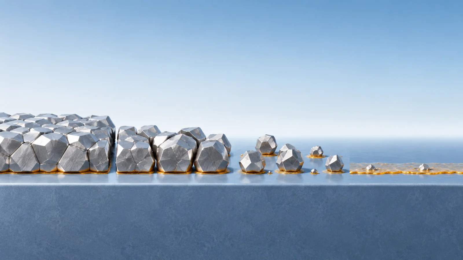 Conceptual sequence of sodium grains opening, shrinking into clusters and leaving a thin interfacial layer