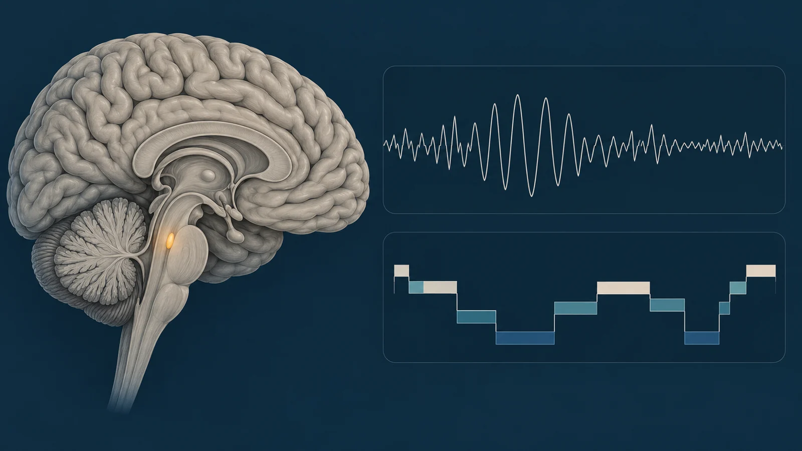 Brainstem locus coeruleus beside an illustrative slow-wave recording and separate sleep-stage timeline