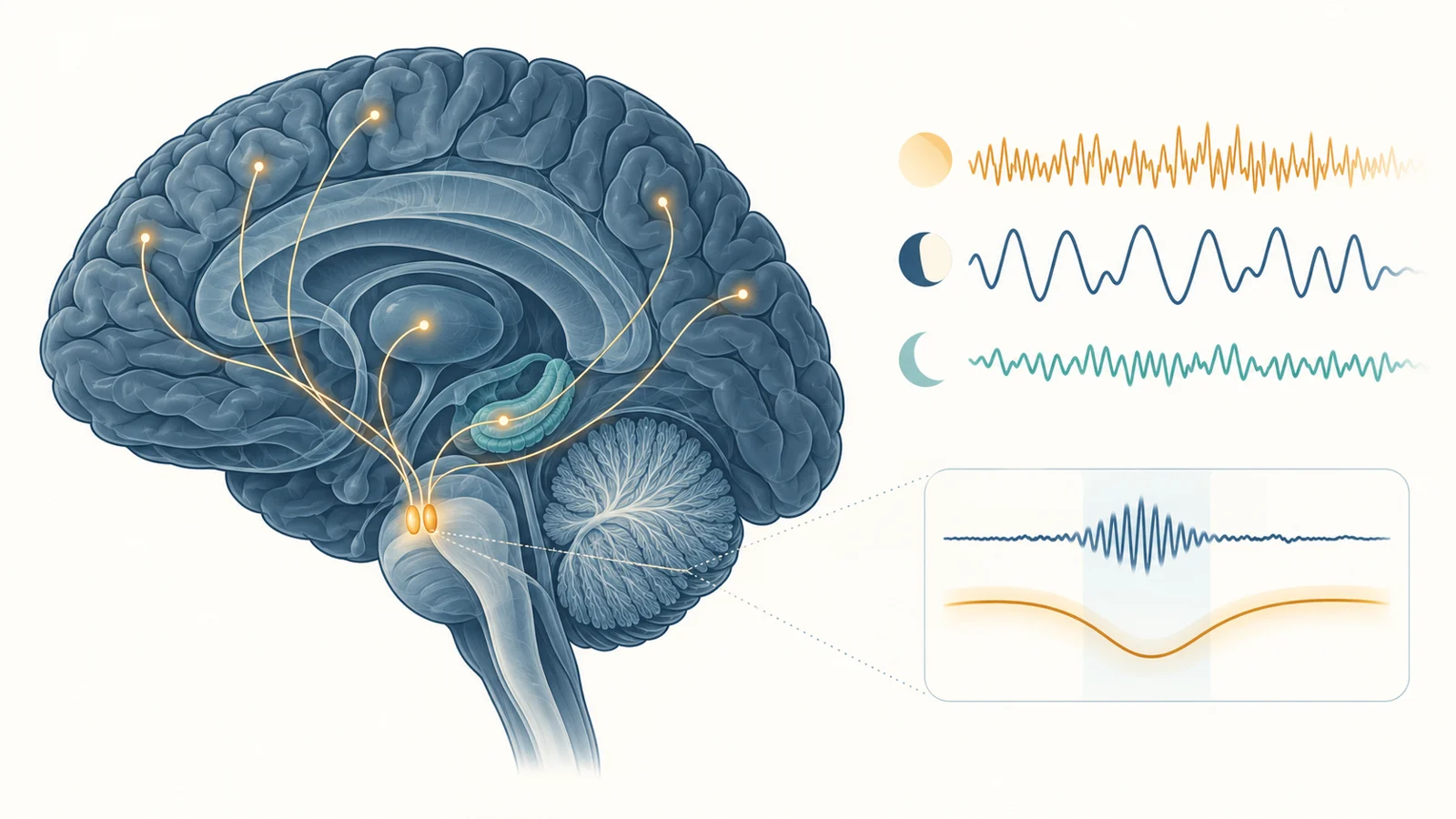 Schematic brain showing paired locus coeruleus regions and qualitative wake, non-REM and REM activity patterns
