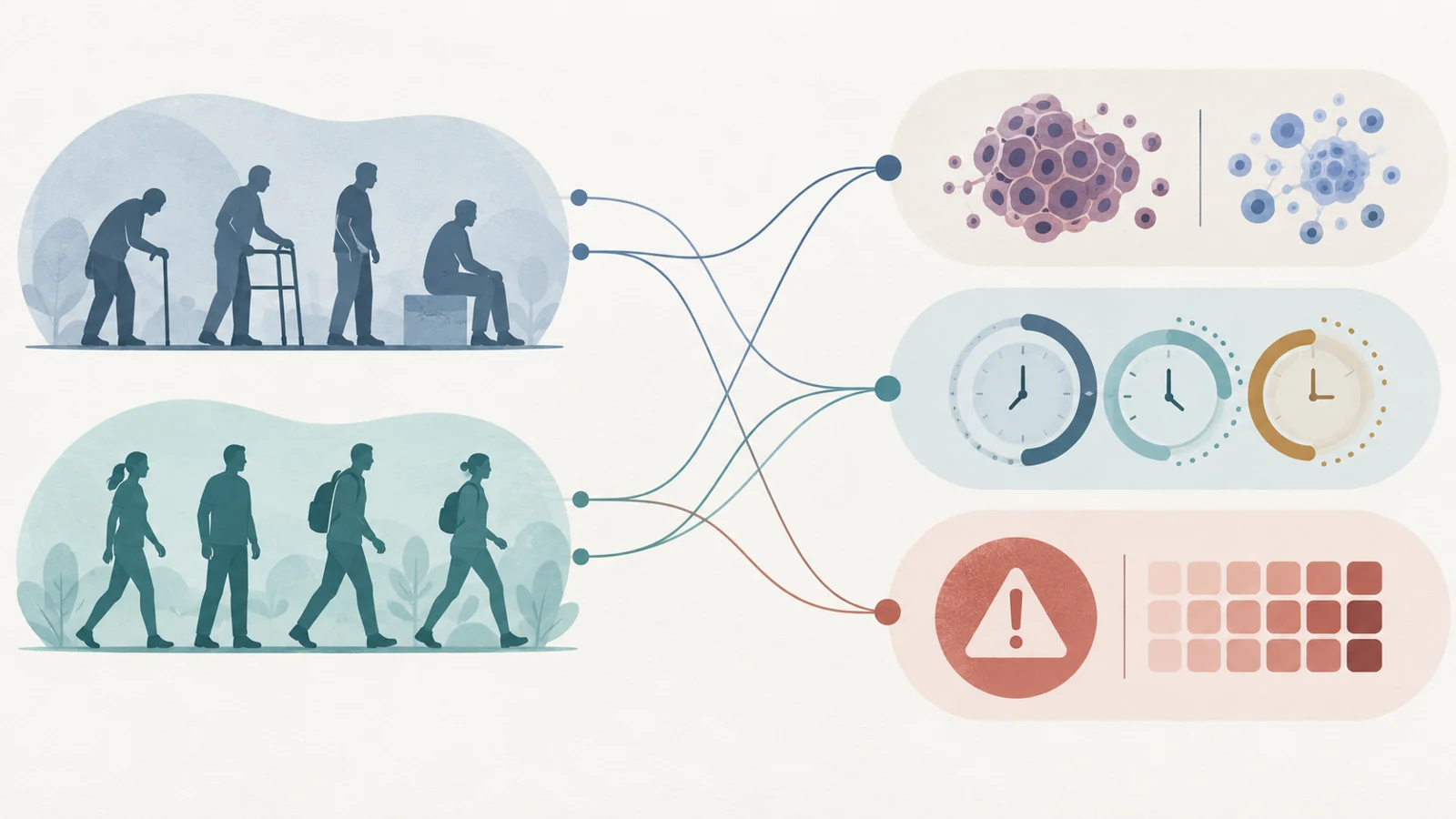 Diagram compares groups with more and less limited daily function across tumor response, survival, and severe side effects.