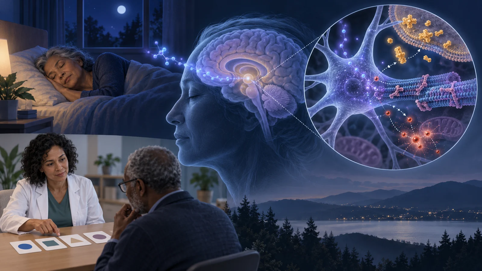Nighttime melatonin signal beside a brain-cell inset with tentative protein-processing and cellular-stress links, plus separate sleep and memory assessments.