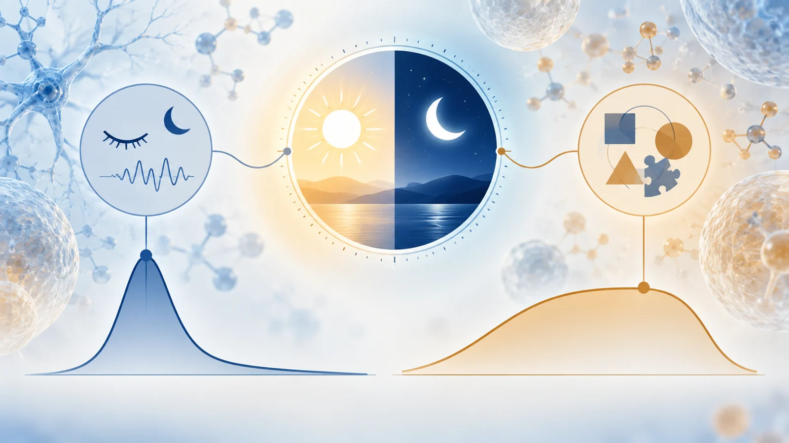 Day–night clock beside schematic release profiles and separate sleep and cognitive assessment symbols.