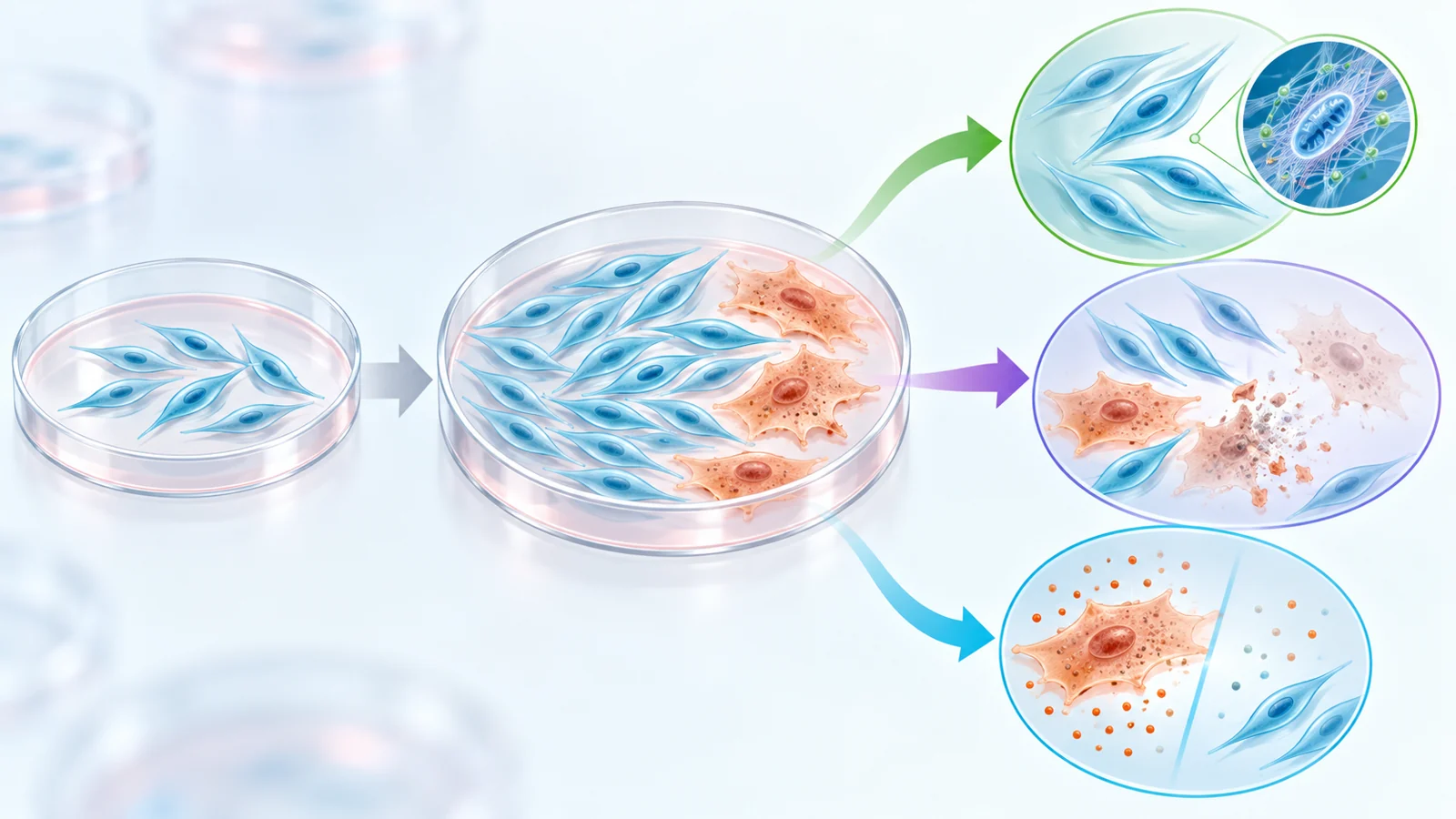 Spindle-shaped stromal cells expand in culture beside enlarged senescent cells and three distinct intervention pathways.