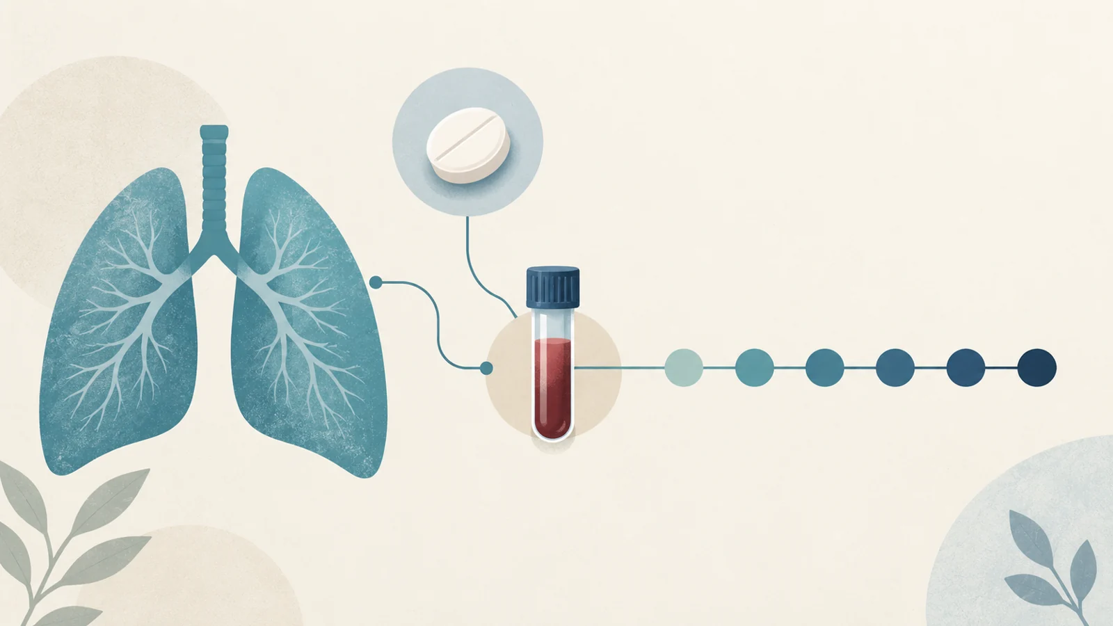 Lung silhouette beside a medication symbol, six-month timeline and blood sample symbol representing a planned COPD study.