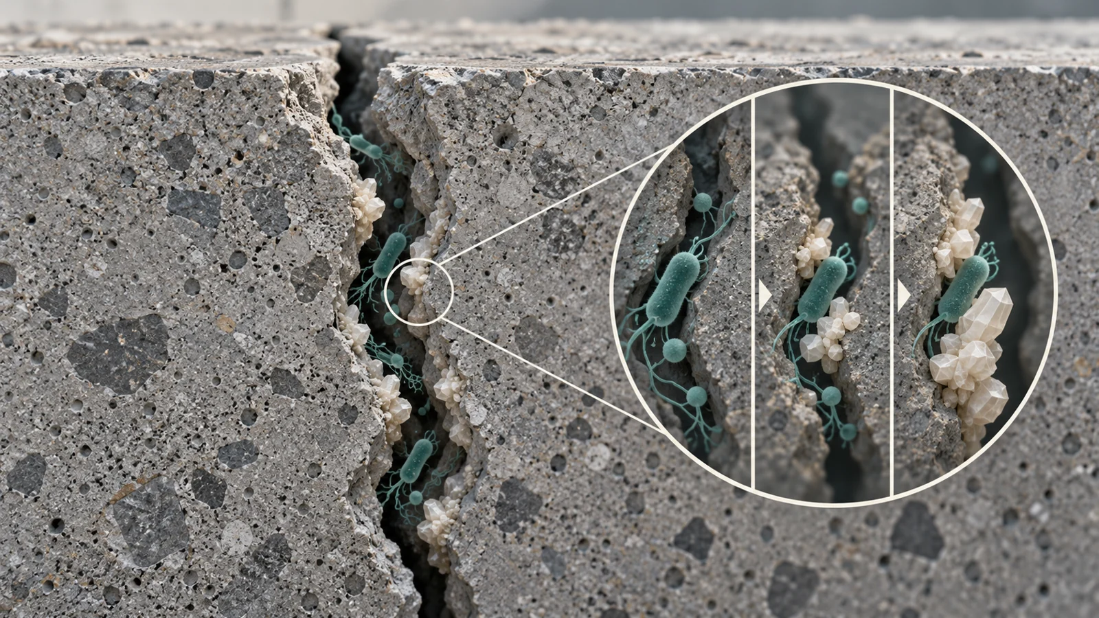 Conceptual concrete cutaway showing microorganisms near a crack and localized carbonate mineral growth along its edges.