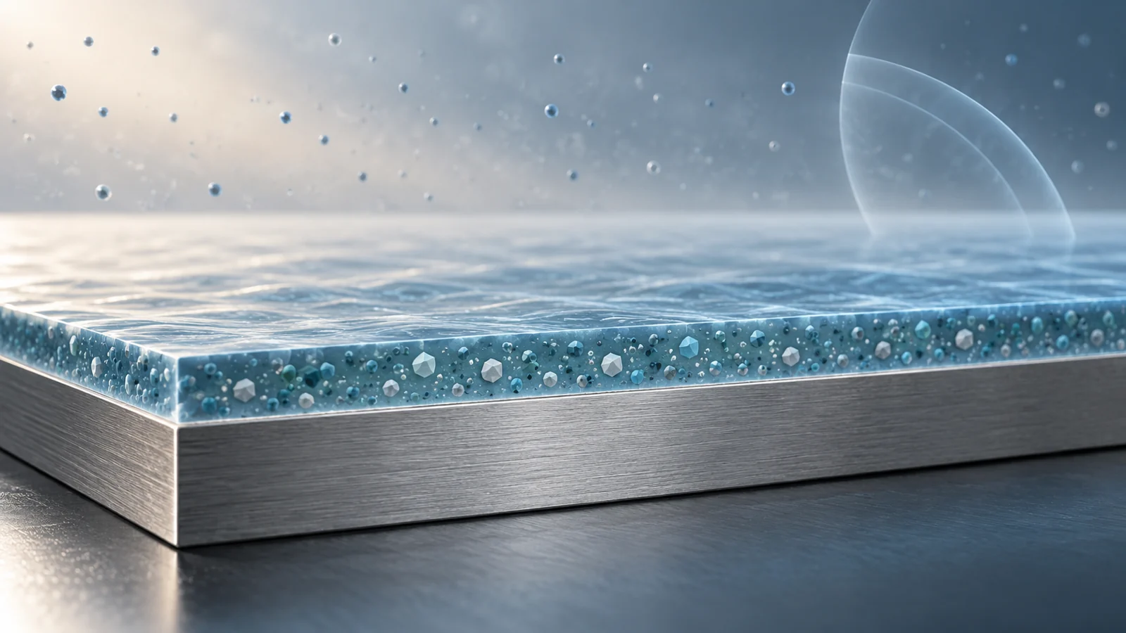 Cutaway of a metal surface beneath a thin coating with tiny engineered ingredients.