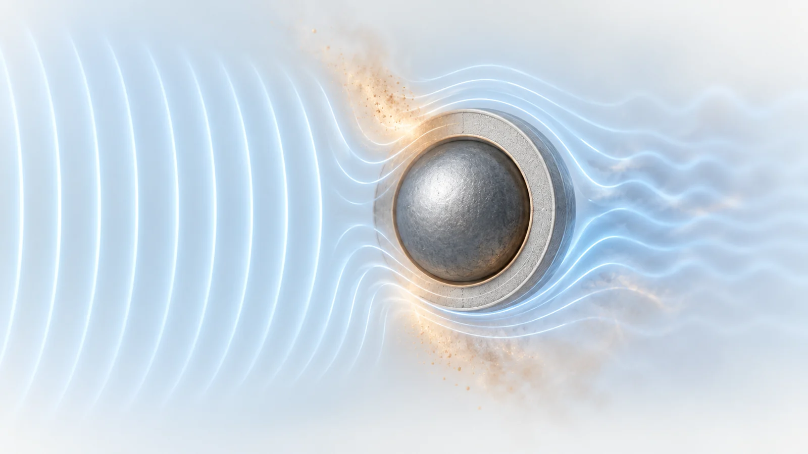 Cross-section of a two-layer core-shell structure receiving incoming electromagnetic waves, with a subtle indication of material losses in the design.
