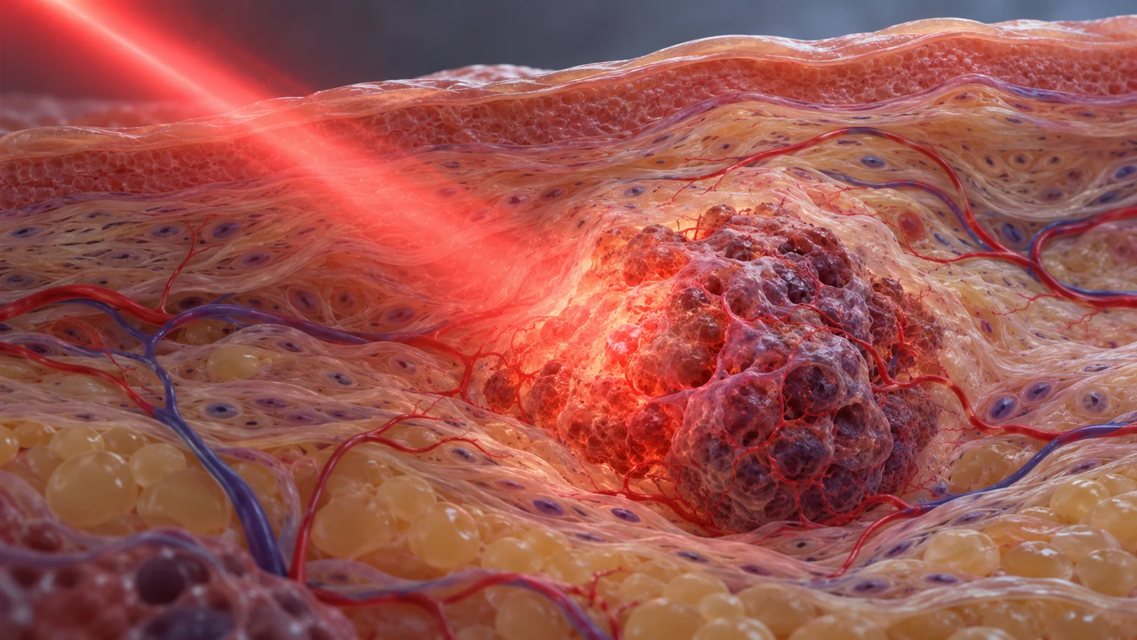 A narrow beam of near-infrared light is directed at a localized tumor within surrounding tissue.
