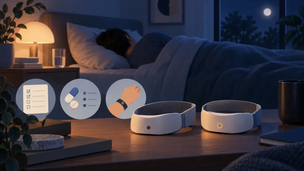 Sleeping participant beside two similar generic therapy devices with cues for a sleep questionnaire, medication log, and wrist measurement