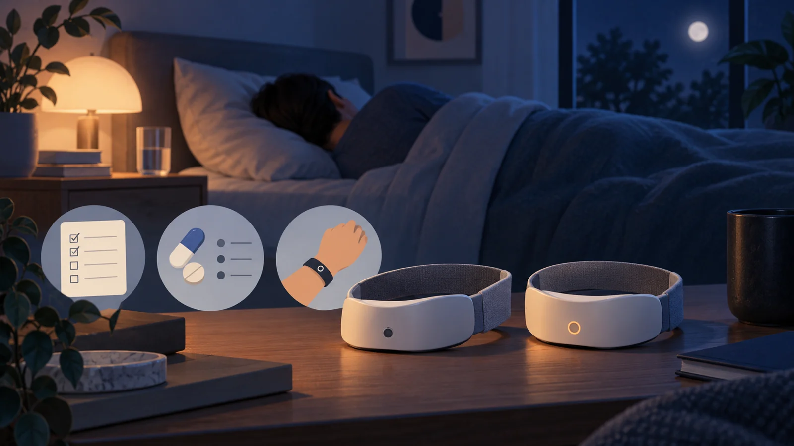 Sleeping participant beside two similar generic therapy devices with cues for a sleep questionnaire, medication log, and wrist measurement