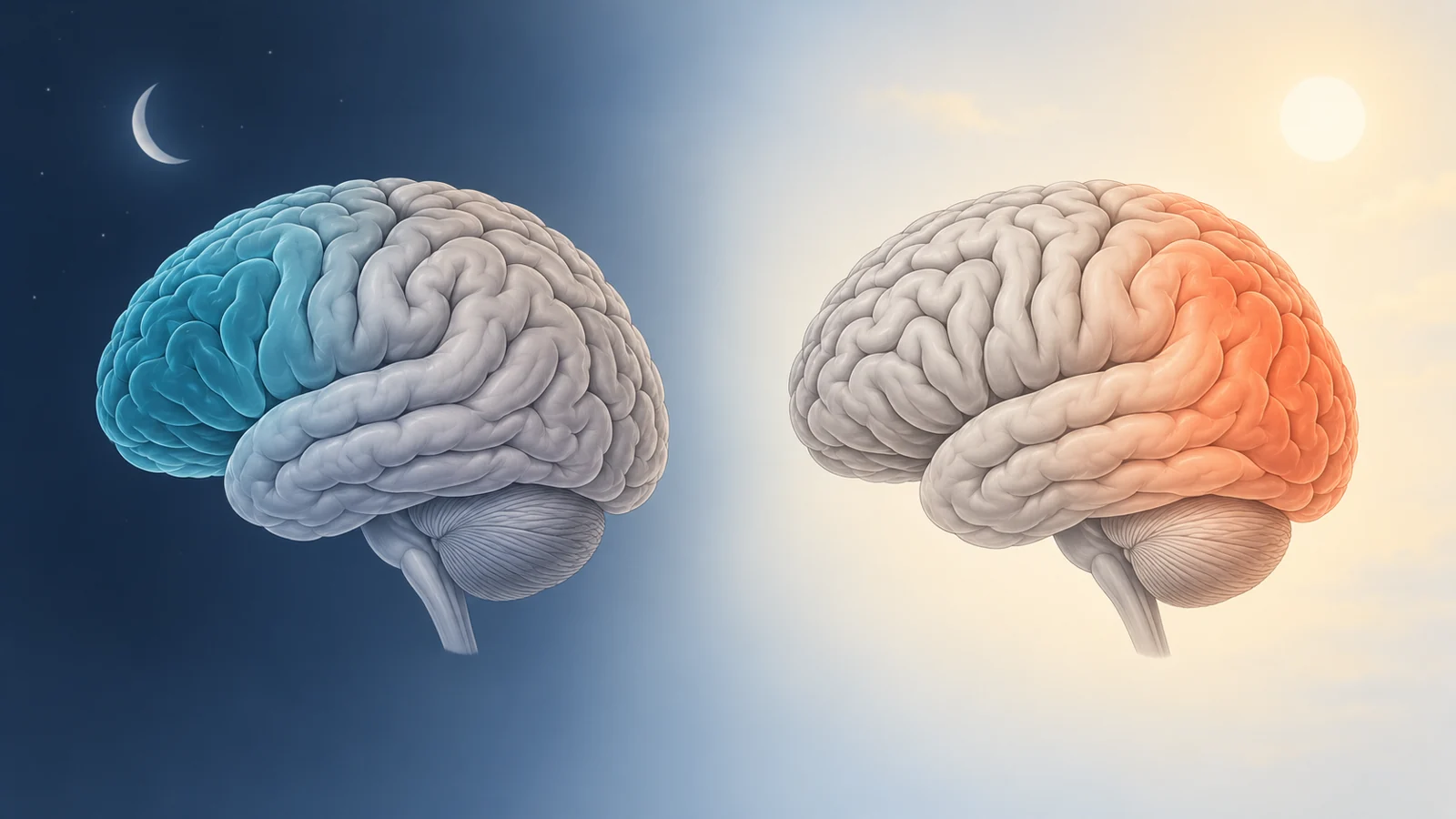 Paired brain schematic showing nighttime sleep linked with lower PET measurements in frontal regions and daytime sleep with higher measurements in posterior regions in an amyloid-negative subgroup.