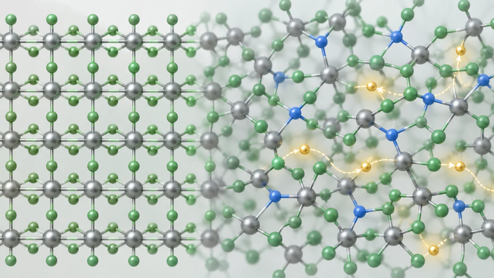 Conceptual comparison of an ordered chloride lattice and a nitrogen-linked amorphous network carrying lithium ions