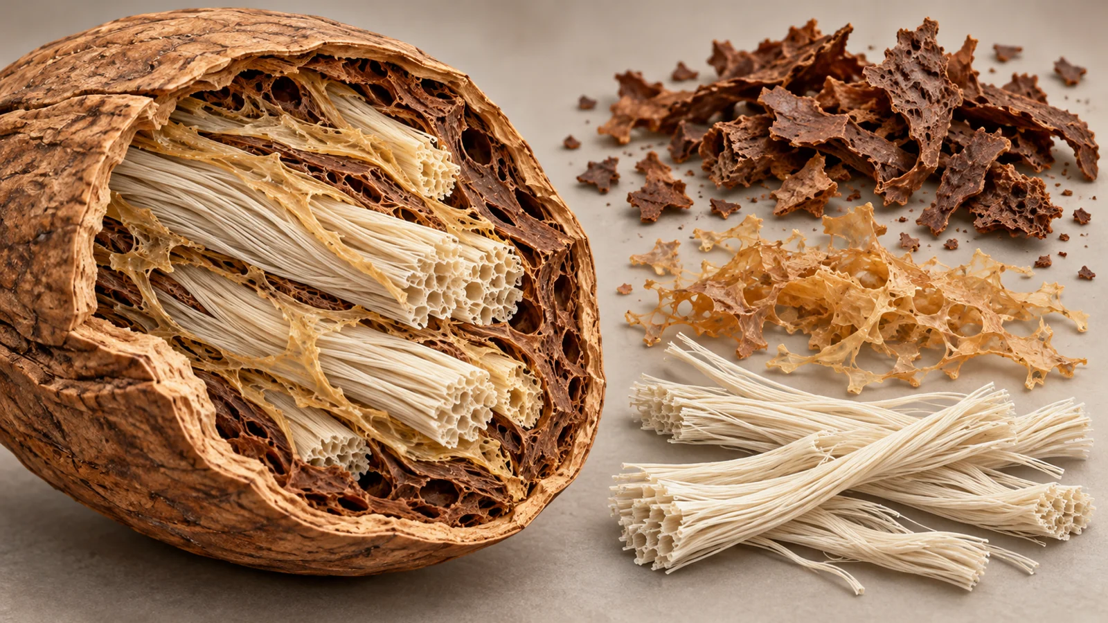 Cutaway of a nut shell showing cellulose fiber bundles embedded among lignin and hemicellulose.
