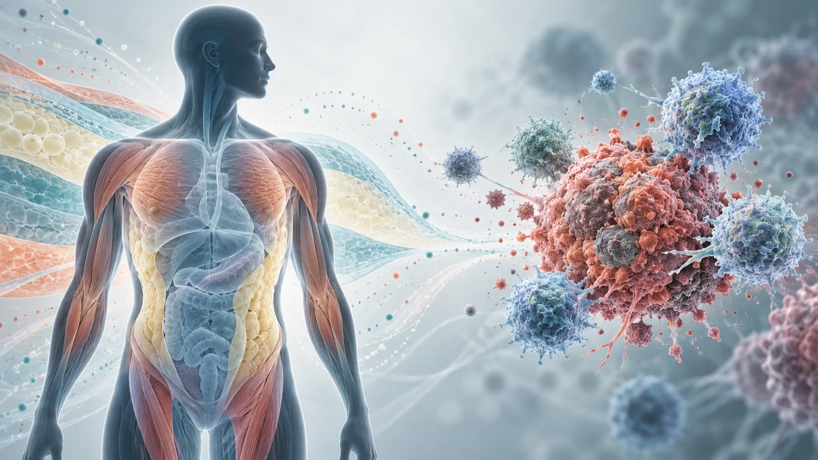A human silhouette with a body composition scan overlay stands beside immune cells near a cluster of tumor cells.