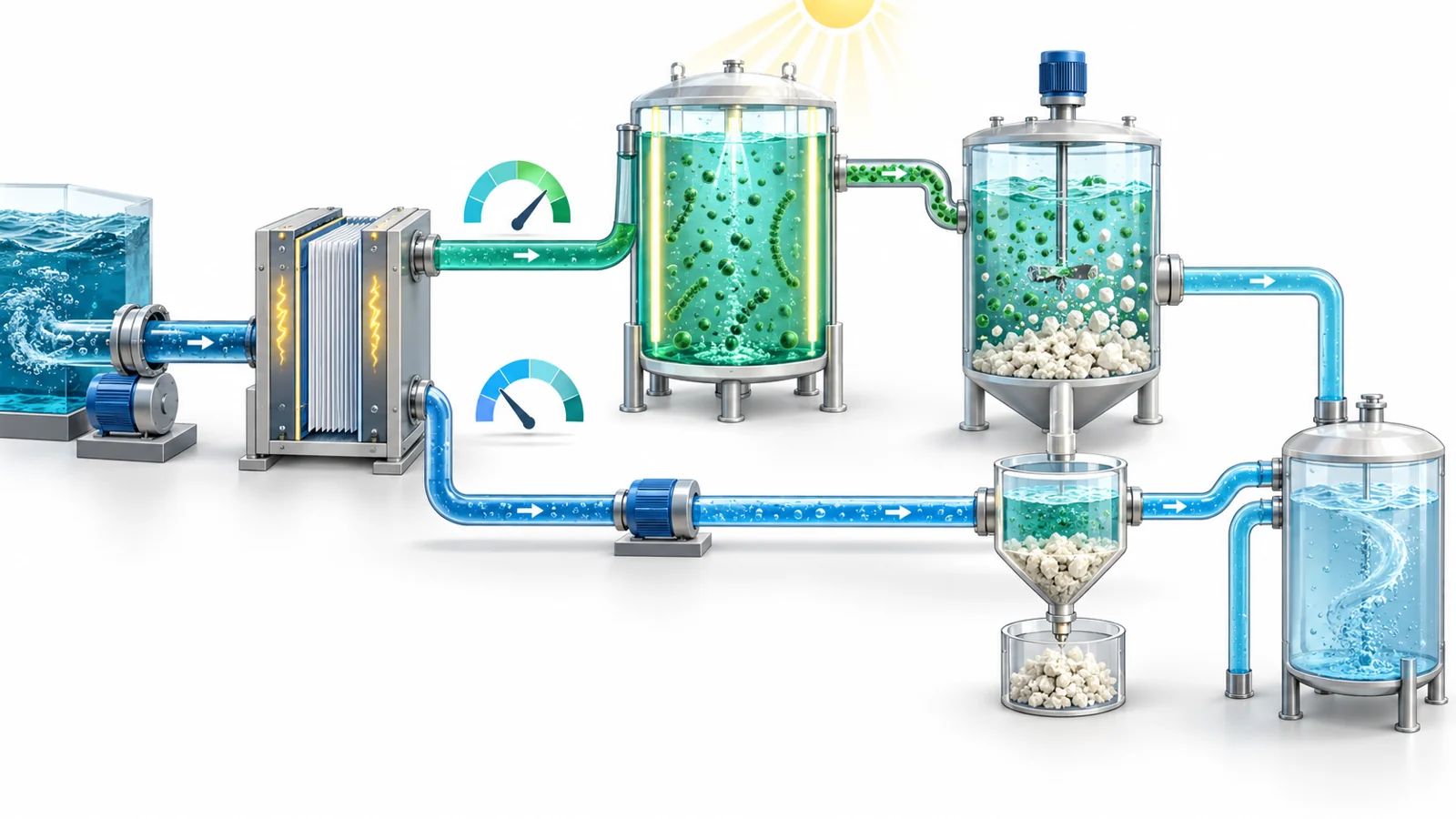 Conceptual flow of seawater split into microbial growth and carbonate precipitation reactors to form biocement.