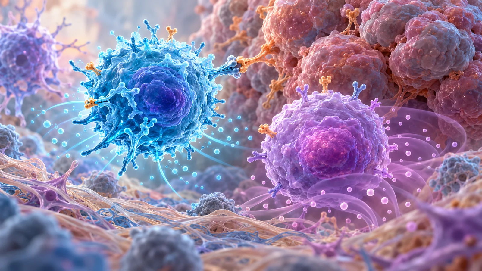 An effector T cell and a regulatory T cell in a tumor setting, with OX40 signaling shown at the cell surface.