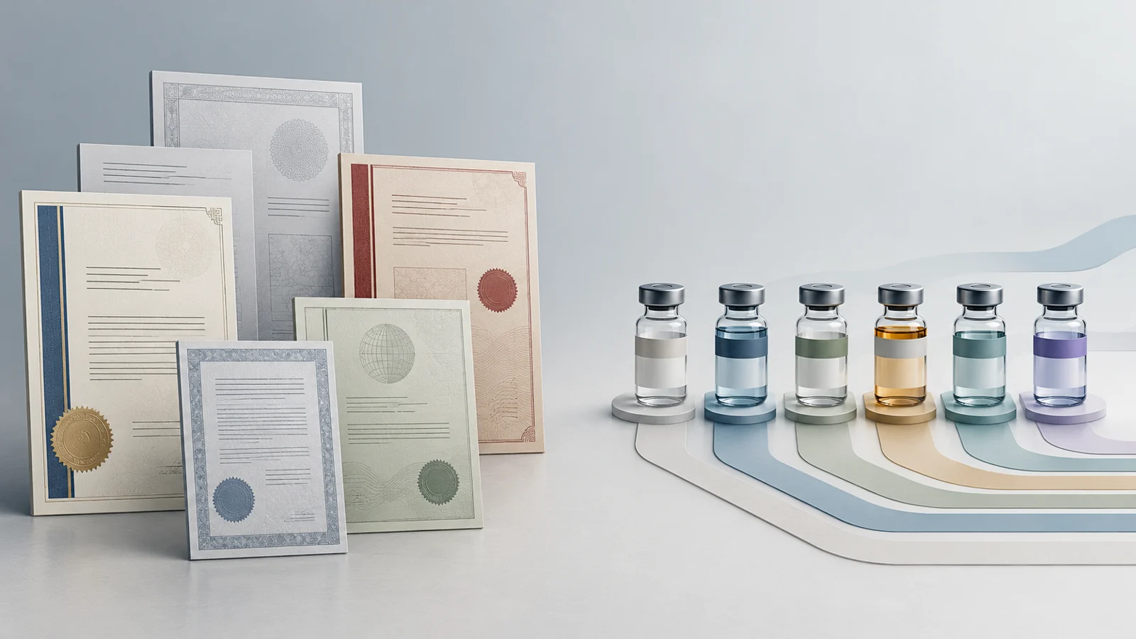 Patent documents beside six vials representing OX40 trial candidates